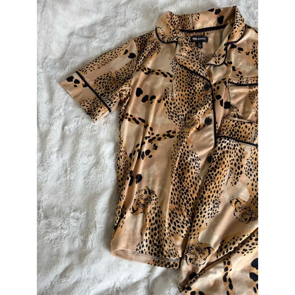Room Service Leopard Satin Pajama Set Matching Lounge Set Chic Neutral L - Picture 5 of 5